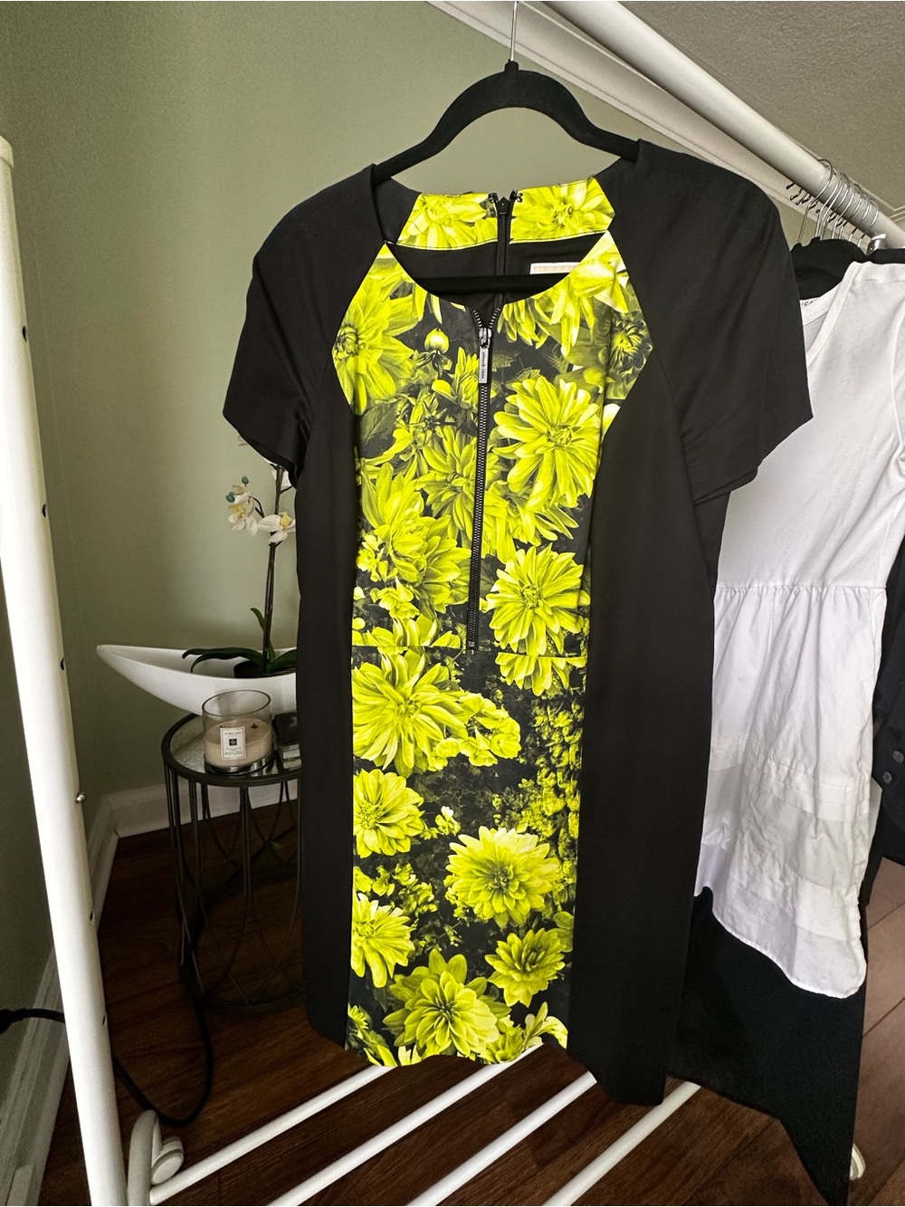 Michael Kors Black Midi Dress with Yellow Floral Front Panel